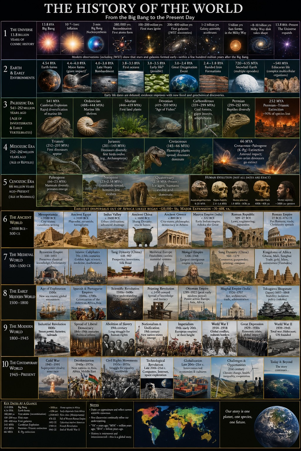 The History of the World — from the Big Bang to the present day, a ten-row infographic.